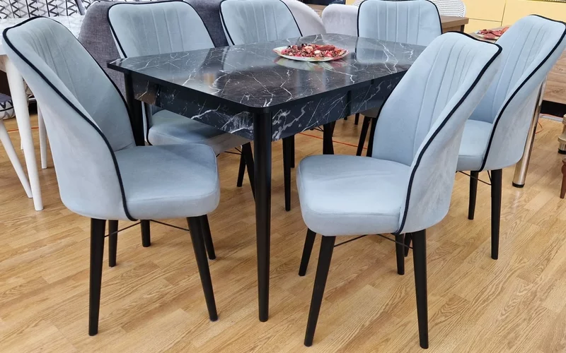 Set masa fixa Yel neagra cu 6 scaune gri uni